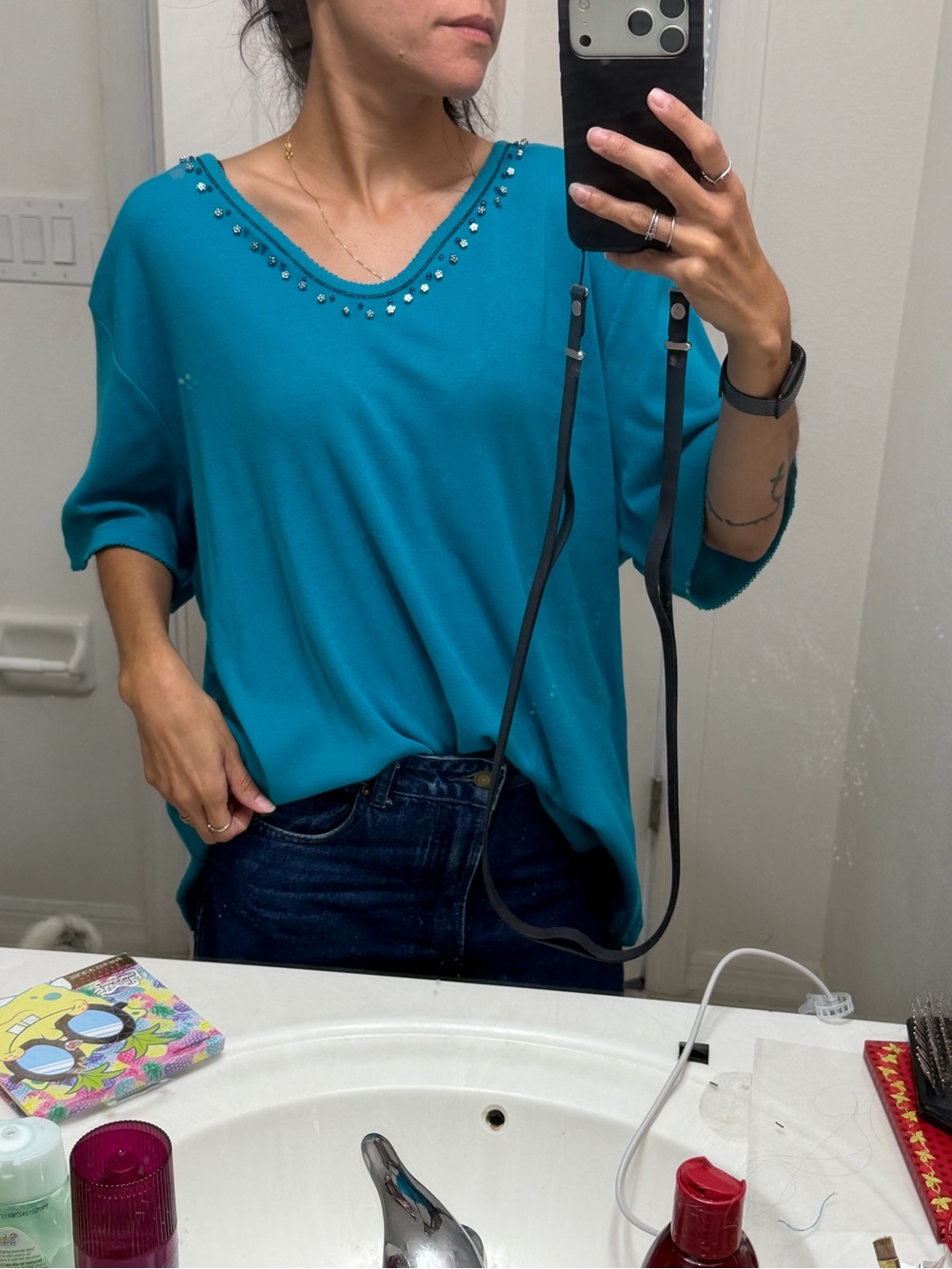 Barbara Graffeo 3X Turquoise Embellished Neckline Top Plus Size